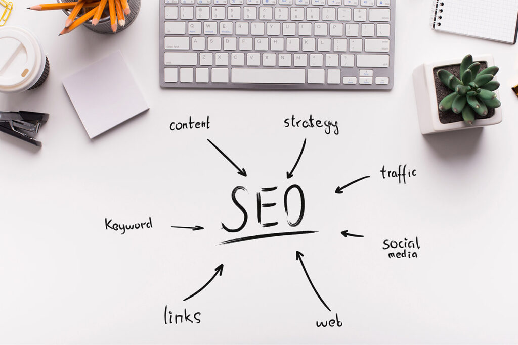 A white desk with a handwritten SEO strategy diagram, including keywords, content, links, web, traffic, and social media, surrounded by office supplies like a keyboard, pencils, a notepad, and a plant.