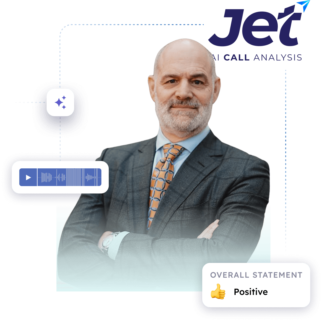 Jerry Durham Promotes Jet AI Call Analysis for Patient Engagement Jerry Durham standing in front of Jet AI Call Analysis branding with call transcription and positive sentiment overlay